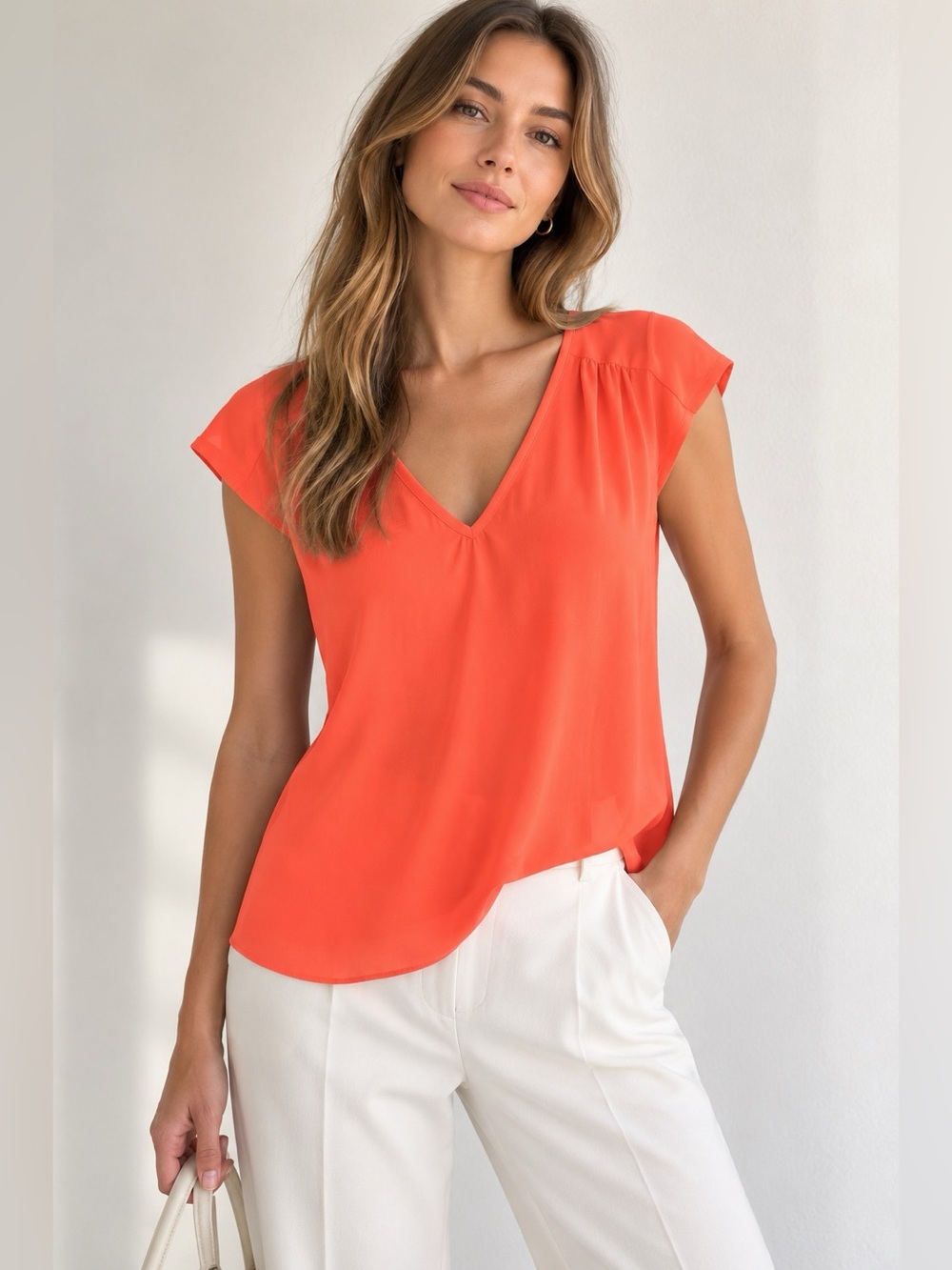 Banana Republic Bright Coral Orange V-Neck Cap Sleeve Blouse Size XS